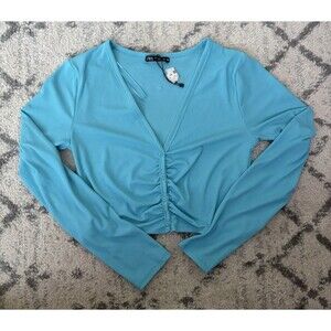 NWT Zara Ribbed Ruched Button Front Crop Cardigan Top – Blue – Size M